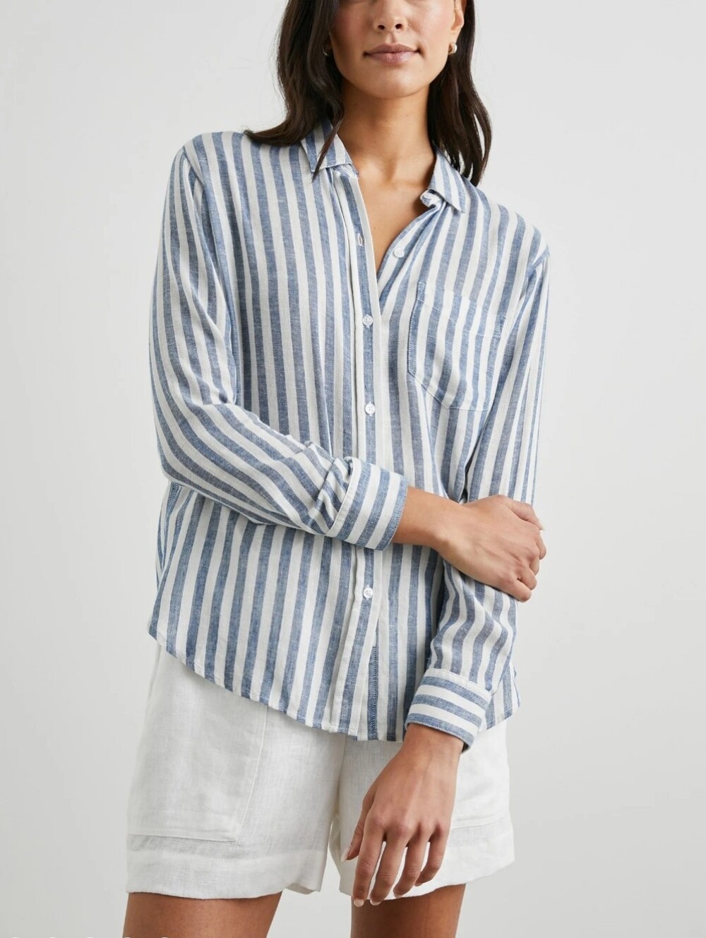 Rails Charli Striped Button-Up Shirt in Blue White Linen Blend Semi Sheer